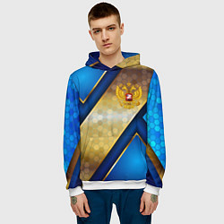 Толстовка-худи мужская Золотой герб России на синем объемном фоне, цвет: 3D-белый — фото 2