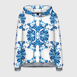 Толстовка-худи мужская Гжель синие цветы, цвет: 3D-меланж