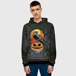 Толстовка-худи мужская Ворон, сидящий на тыкве - Halloween, цвет: 3D-черный — фото 2