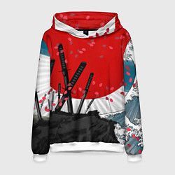 Толстовка-худи мужская Солнце, волны и катаны, цвет: 3D-белый