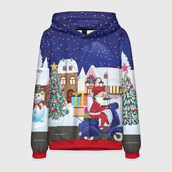 Толстовка-худи мужская Дед Мороз едет на скутере с подарками в Новогоднюю, цвет: 3D-красный