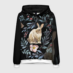 Толстовка-худи мужская Новогодний кролик - Веточки и цветочки, цвет: 3D-белый