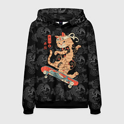 Толстовка-худи мужская Кот самурай на скейтборде, цвет: 3D-черный