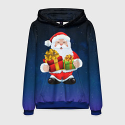 Толстовка-худи мужская Санта Клаус с двумя подарками, цвет: 3D-синий