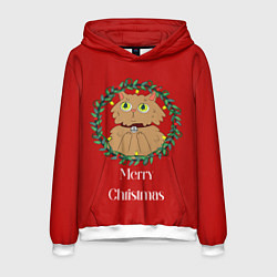 Толстовка-худи мужская Christmas cat with a garland, цвет: 3D-белый