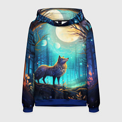 Толстовка-худи мужская Волк в ночном лесу в folk art стиле, цвет: 3D-синий