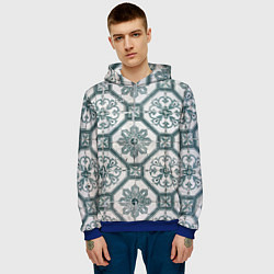 Толстовка-худи мужская Серый паттерн из листьев, геометрии и кристаллов, цвет: 3D-синий — фото 2