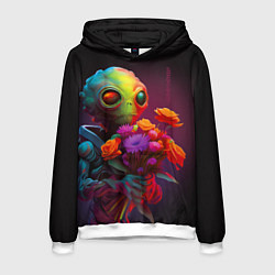 Толстовка-худи мужская Инопланетянин с цветами, цвет: 3D-белый
