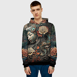 Толстовка-худи мужская Японская девушка Irezumi, цвет: 3D-черный — фото 2