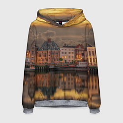 Толстовка-худи мужская Мирный город на воде и тучи, цвет: 3D-меланж