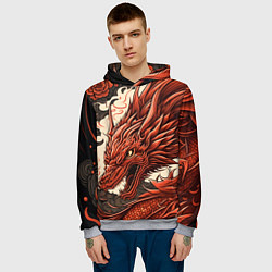 Толстовка-худи мужская Японский краcный дракон, цвет: 3D-меланж — фото 2