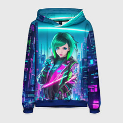 Толстовка-худи мужская Девушка с зелеными волосами киберпанк, цвет: 3D-синий