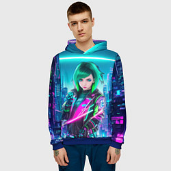 Толстовка-худи мужская Девушка с зелеными волосами киберпанк, цвет: 3D-синий — фото 2