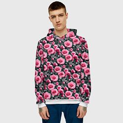 Толстовка-худи мужская Кусты розовых роз на сером фоне, цвет: 3D-белый — фото 2