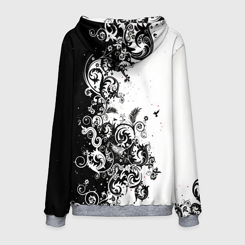 Мужская толстовка Черно-белая птица среди узорчатых цветов / 3D-Меланж – фото 2