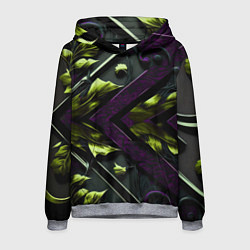 Толстовка-худи мужская Зеленые листья и фиолетовые вставки, цвет: 3D-меланж