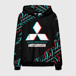 Толстовка-худи мужская Значок Mitsubishi в стиле glitch на темном фоне, цвет: 3D-черный