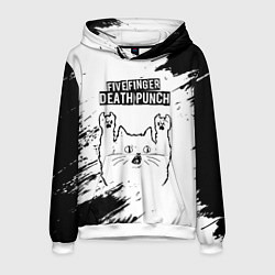Толстовка-худи мужская Five Finger Death Punch рок кот на светлом фоне, цвет: 3D-белый