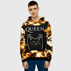 Толстовка-худи мужская Queen рок кот и огонь, цвет: 3D-черный — фото 2