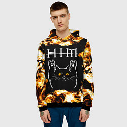 Толстовка-худи мужская HIM рок кот и огонь, цвет: 3D-черный — фото 2