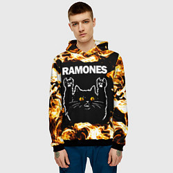 Толстовка-худи мужская Ramones рок кот и огонь, цвет: 3D-черный — фото 2