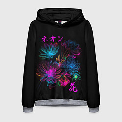 Толстовка-худи мужская Неоновые цветы - японский стиль, цвет: 3D-меланж