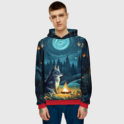 Толстовка-худи мужская Волк у костра в стиле фолк-арт, цвет: 3D-красный — фото 2