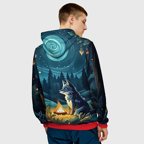Мужская толстовка Волк у костра в стиле фолк-арт / 3D-Красный – фото 4