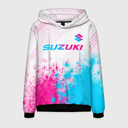 Толстовка-худи мужская Suzuki neon gradient style: символ сверху, цвет: 3D-черный