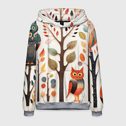 Толстовка-худи мужская Совы в осеннем лесу в стиле фолк-арт, цвет: 3D-меланж