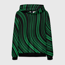 Толстовка-худи мужская Абстракция зелёные линии на чёрном, цвет: 3D-черный