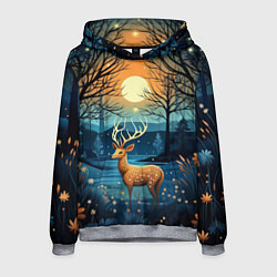 Толстовка-худи мужская Олень в ночном лесу фолк-арт, цвет: 3D-меланж