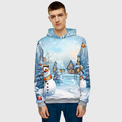Толстовка-худи мужская Новогодний городок и снеговики, цвет: 3D-меланж — фото 2