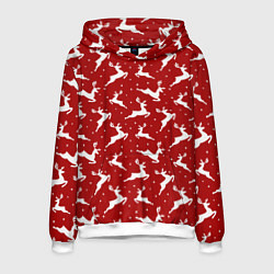 Толстовка-худи мужская Красный паттерн с новогодними оленями, цвет: 3D-белый