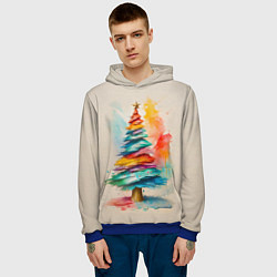 Толстовка-худи мужская Новогодняя ель акварелью на холсте, цвет: 3D-синий — фото 2