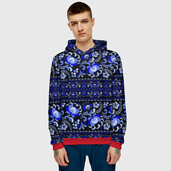 Толстовка-худи мужская Новогодняя гжельская роспись цветами на чёрном фон, цвет: 3D-красный — фото 2