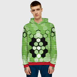 Толстовка-худи мужская Зелёная кибер броня hexagons, цвет: 3D-красный — фото 2