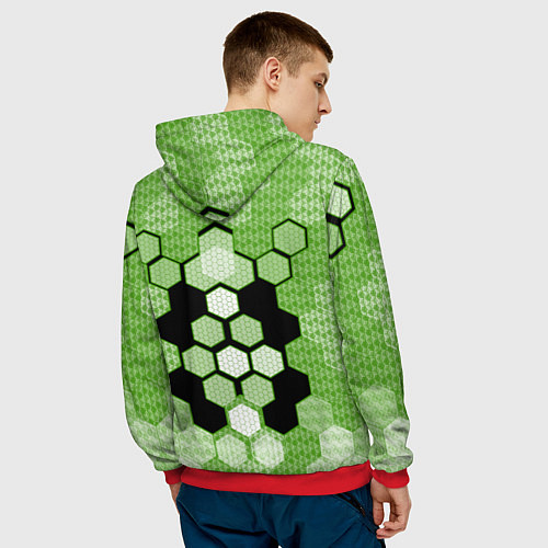 Мужская толстовка Зелёная кибер броня hexagons / 3D-Красный – фото 4