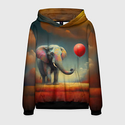 Толстовка-худи мужская Грустный слон и красный шарик, цвет: 3D-черный