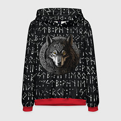 Толстовка-худи мужская Волк воин в орнаменте полустёртых рун, цвет: 3D-красный