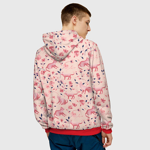 Мужская толстовка Розовый паттерн с цветами и котиками / 3D-Красный – фото 4