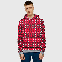 Толстовка-худи мужская Белые треугольники на красном фоне, цвет: 3D-меланж — фото 2