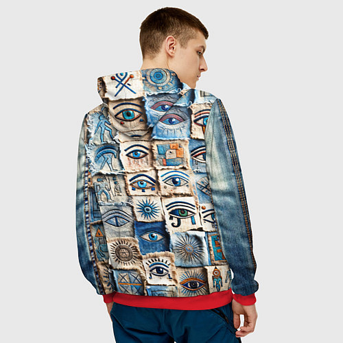 Мужская толстовка Глаза на пэчворк дениме / 3D-Красный – фото 4