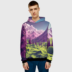 Толстовка-худи мужская Геометрический зеленый пейзаж и фиолетовые горы, цвет: 3D-черный — фото 2