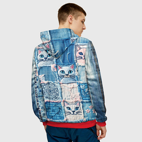 Мужская толстовка Кошки на пэчворк джинсах паттерн / 3D-Красный – фото 4
