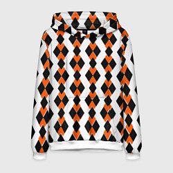 Толстовка-худи мужская Чёрные и оранжевые ромбы на белом фоне, цвет: 3D-белый