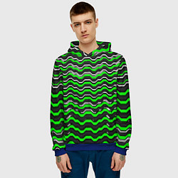 Толстовка-худи мужская Белые и зелёные полосы на чёрном фоне, цвет: 3D-синий — фото 2