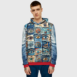 Толстовка-худи мужская Глаза на джинсах пэчворк, цвет: 3D-красный — фото 2