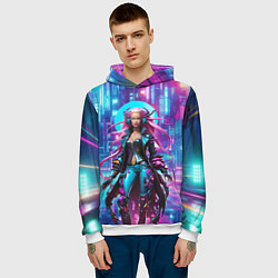 Толстовка-худи мужская Кибер ведьма в неоновом городе - нейросеть, цвет: 3D-белый — фото 2