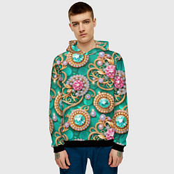 Толстовка-худи мужская Ювелирные бирюзовые украшение с золотом и бриллиан, цвет: 3D-черный — фото 2